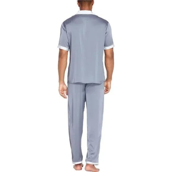 Men Silk Satin Pajamas Set Short Sleeve Light Gray - Picture 2 of 8